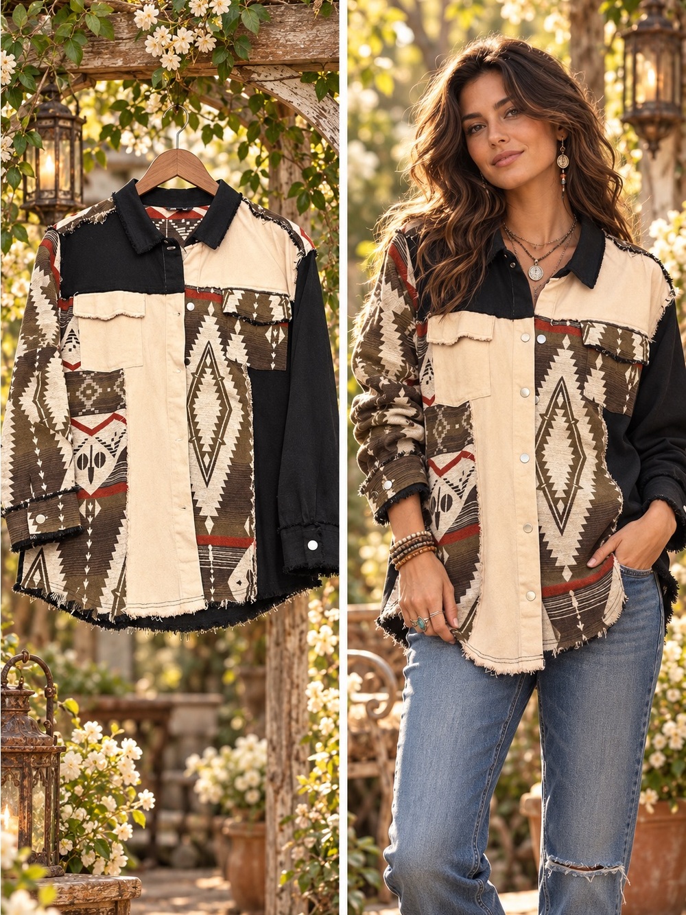 Davi & Dani Boho Aztec Patchwork Shacket - Black & Cream
